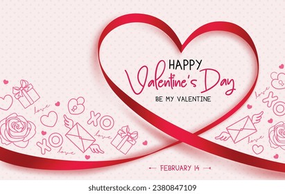 Happy valentine's day text vector design. Valentine's day be my valentine greeting card with red ribbon in heart shape decoration. Vector illustration hearts day invitation card.
