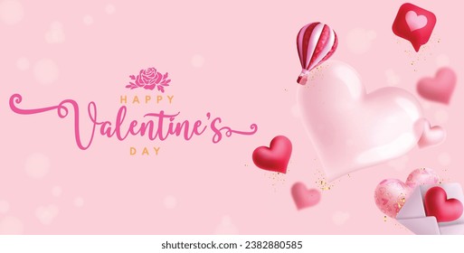 Diseño de vector de texto de día feliz de San Valentín. Tarjeta de saludo de San Valentín con globos cardíacos y elementos valentinos de decoración con globos aerostáticos. Vector ilustración tarjeta de invitación de corazón para el día.
