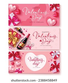 Happy valentine's day text vector banner set. Valentine's day greeting card, gift tags and dedication tags lay out collection with love sign decoration elements. Vector illustration hearts day gift 