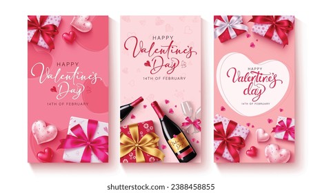Happy valentine's day text vector poster set. Valentine's day gift tags and greeting card lay out collection with gift box and wine decoration elements. Vector illustration hearts day gift tags 