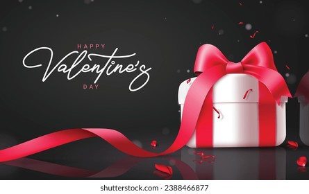 Diseño de vector de texto de día feliz de San Valentín. Tarjeta de bienvenida de San Valentín con caja de regalo y elementos decorativos de cinta roja. Tarjeta de invitación del día del corazón de la ilustración del vector. 

