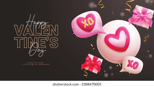 Diseño de vector de texto de día feliz de San Valentín. Tarjeta de saludo de San Valentín con globos inflables y regalo elementos románticos de fondo decoración. Tarjeta de invitación del día del corazón de la ilustración del vector.
