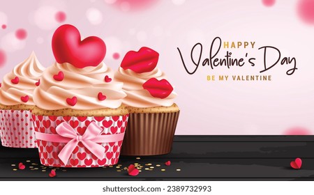 Happy valentine's day text vector design. Valentine's day cup cake sweet dessert decoration elements for season greeting card background. Vector illustration hearts day invitation card. 
