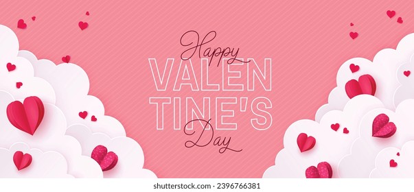 Happy valentine's day text vector template. Valentine's day greeting card in empty space with hearts and clouds paper cut decoration elements. Vector illustration hearts day invitation card. 
