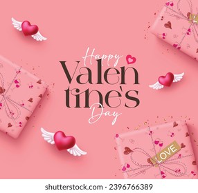 Happy valentine's day text vector design. Valentine's day greeting card with gift boxes surprise elements in romantic pink background. Vector illustration hearts day invitation card. 
