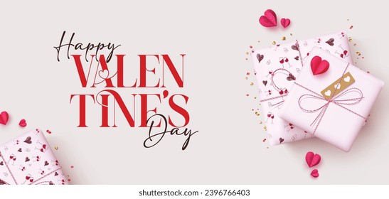 Happy valentine's day text vector banner design. Valentine's day greeting card with gift boxes surprise present and heart decoration elements in elegant background. Vector illustration hearts day 