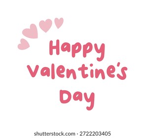 Feliz día de San Valentín Ilustración vectorial de texto con letras rosas y corazones diminutos. Diseño romántico dibujado a mano para tarjetas de felicitación, Anuncios y pegatinas.