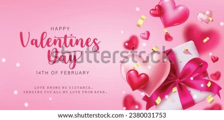 Happy valentine's day text vector template. Valentine's day greeting card with hearts balloons and gift box surprise elements for invitation card dedication background. Vector illustration hearts day 