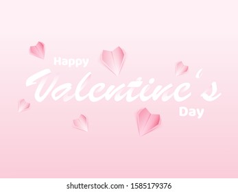 Happy Valentine's Day Text in White Paper Cut Style Decorated with Origami Hearts on Pink Background.