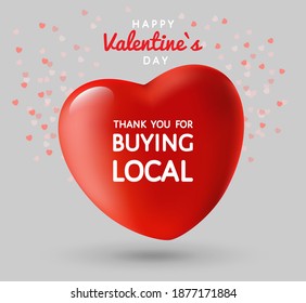 Feliz Día de San Valentín, gracias por comprar banner vectorial local. El corazón rojo 3d con confetti. Afiche de pared, diseño de pegatinas de productos para tiendas locales, tienda orgánica, decoración agrícola para apreciar a los consumidores