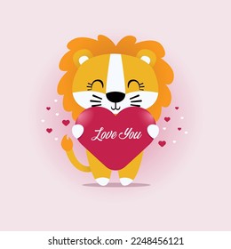 Happy Valentine's Day, With the Theme of a Cute Lion Holding a Heart Symbol with the Words, Love You.