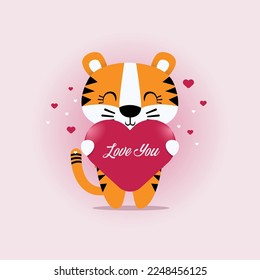 Happy Valentine's Day, With the Theme of a Cute Tiger Holding a Heart Symbol with the Words, Love You.