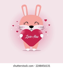 Happy Valentine's Day, With the Theme of a Cute Rabbit Holding a Heart Symbol with the Words, Love You.