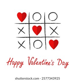 Happy Valentines day. Tic tac toe game paper cross red heart sign symbol. XOXO. Hand drawn doodle. Love card. Childish style. Love wins. Flat design. Isolated. White background. Vector illustration