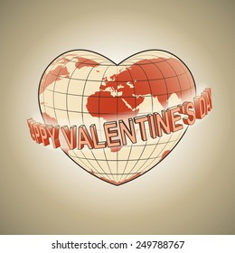 Happy Valentine's Day title circling around heart shaped Earth planet design retro colored vector illustration