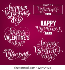 Happy Valentine's Day Tittles. White Handmade Text For Your Design. Red Background. Vintage Text. Valentines Day Vector Illustrations And Typography Elements.