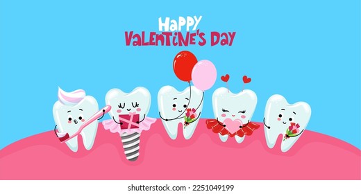 Happy Valentine's Day - Tooth  characters in kawaii style. Hand drawn Toothfairy with funny quote. Good for school prevention posters, greeting cards, banners, textiles.