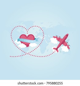 Happy Valentine's Day Travel Concept with Flying Airplane Leave a Pink Dashed Trace Line Vector Illustration