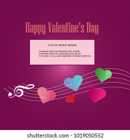 Happy Valentines Day with treble clef on music staff. Best romantic greeting card, background and weeding design elements. 