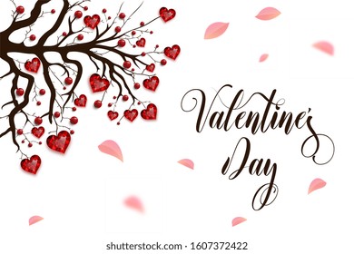 Happy Valentine's Day. Tree decorated with red hearts and beads. Ruby jewel. Valentine's card. Vector illustration.