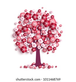 Happy Valentine's Day tree with flowers, isolated on white. Vector illustration. Holiday design for greeting cards, creative concept, gift voucher, invitation. Love growth