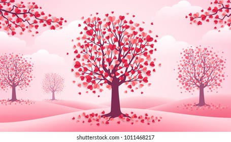 Happy Valentine's Day trees with heart shape leaves, pink landscape with clouds and hills. Vector illustration. Holiday design for greeting card, concept, gift voucher, invitation. Love growth