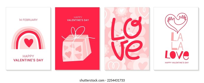 Happy Valentine's Day Trendy Greeting Cards. Red Background Abstract Poster Art Templates. Great for Printing Cards, Social Media Posts, etc.