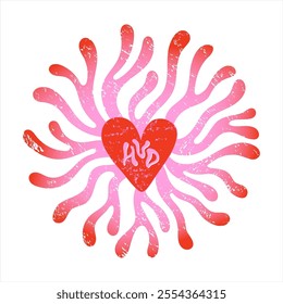 Happy Valentine's Day trendy modern greeting card, surreal groovy graphic design element. Textured lino heart with fluid organic lines, blob wavy rounded tentacles. Circle radial shape. HVD lettering.