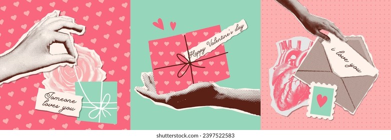 Happy Valentine's day trendy vintage cards set. Hands giving gifts and love letter. Contemporary art halftone collage for Valentine's Day. Vector illustration. Modern design with cut out halftone arms