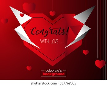 Happy Valentine's day triangle card and wedding design. Artistic Geometric heart shape and texture background. Vector polygon illustration.