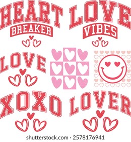 Happy Valentine's day T-shirt Design Bundle, Valentine Varsity Bundle, Varsity T-shirt design, Retro Valentine Bundle, retro Varsity, Love Heart Vector