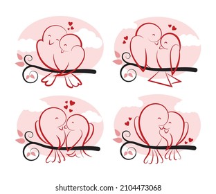 Feliz Día de San Valentín. Dos pájaros. Cute caricatura kawaii personaje gracioso de bebé. Corazones rosados. Tarjeta de saludo de amor. Impresión pegatina. Diseño plano. Ilustración vectorial aislada. Fondo de San Valentín.