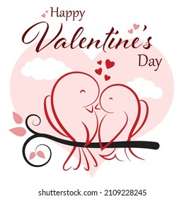 Happy Valentines Day. Two bird couple. Cute cartoon kawaii funny baby character. Pink hearts. Love Greeting card. Sticker print. Flat design. Isolated vector illustration. Valentine's Background.