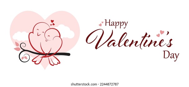 Happy Valentines Day. Two bird couple. Cute cartoon kawaii funny baby character. Pink hearts. Love Greeting card. Sticker print. Flat design. Isolated vector illustration. Valentine's Background.