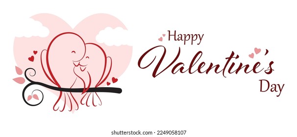 Happy Valentines Day. Two bird couple. Cute cartoon kawaii funny baby character. Pink hearts. Love Greeting card. Sticker print. Flat design. Isolated vector illustration. Valentine's Background.