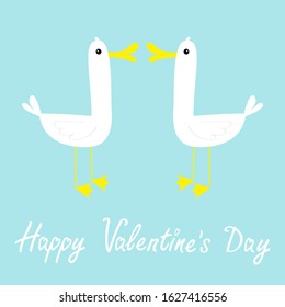 Happy Valentines Day. Two goose love couple farm bird icon set. Cute cartoon funny kawaii baby character. Flat design. Greeting card. White and yellow color. Blue background. Isolated. Vector