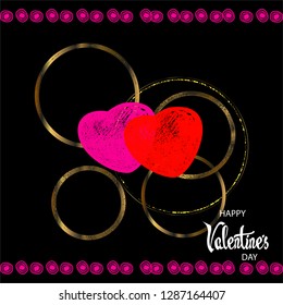 Happy Valentine's Day. Two hearts. Golden circles.