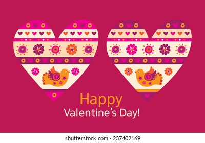 Happy Valentines Day. Two hearts with birds. Postcard. Background. Congratulation. Vector illustration.