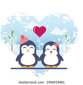 Happy Valentine's Day with two little lover penguins, holding heart shaped balloon in the snow. 