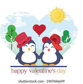 Happy Valentine's Day with two little lover penguins, holding heart shaped balloon on a sunny, wonderful day.
