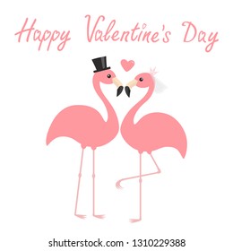 Happy Valentines Day. Two pink flamingo set. Wedding couple. Bride and groom. Black hat, veil, heart. Exotic tropical bird. Cute cartoon character. Zoo animal. Flat design. White background. Vector
