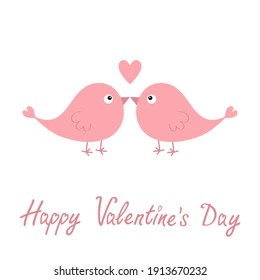 Feliz Día de San Valentín. Dos pájaros rosados. Corazón lindo. Tarjeta de saludo de amor. Impresión pegatina. Caricatura kawaii personaje gracioso de bebé. Diseño plano. Fondo blanco. Aislado. Ilustración del vector