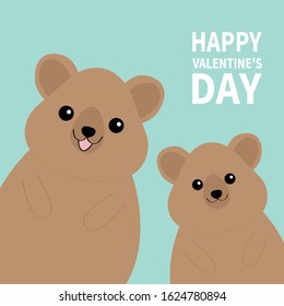 Happy Valentines Day. Two quokka head face silhouette family set. Pink blush cheeks. Cute cartoon funny pet baby character. Funny kawaii smiling animal. Flat design Blue background. Vector
