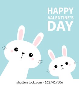 Happy Valentines Day. Two rabbit bunny set in the corner. Friends forever. Cute cartoon kawaii funny baby kids character. Happy Easter. Farm animal. Blue pastel background. Flat design. Vector