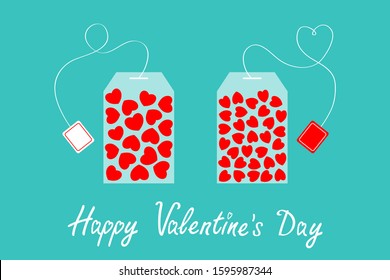 Happy Valentines Day. Two teabag with red heart set inside. Love greeting card. Teabag packaging with label icon. Flat design. Top wiew. Isolated. Blue background. Vector illustration.