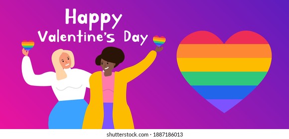happy valentines day two women with colorful hearts lgbt lesbian couple vector illustration