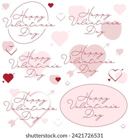Happy Valentine's Day Type in Cursive Cottage Romantic Style with Pink Hearts and Simple Framing Badge Sticker Logo Variety Design Pack