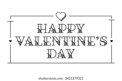 Happy Valentine's Day Type in Tattoo Style Font with Simple Heart Frame Lining Classic Vintage Style Design in Black and White