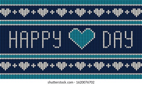 Happy Valentine's Day typographic lettering knitted style, vector illustration. Blue knitted sweater with hearts.