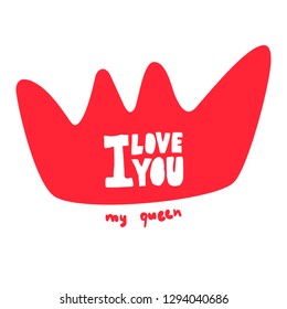 Happy Valentines Day Typographic postcard. Instagram format. Lettering With Red Crown. Vector Illustration of a Valentine's Day. Isolated image on white Background.